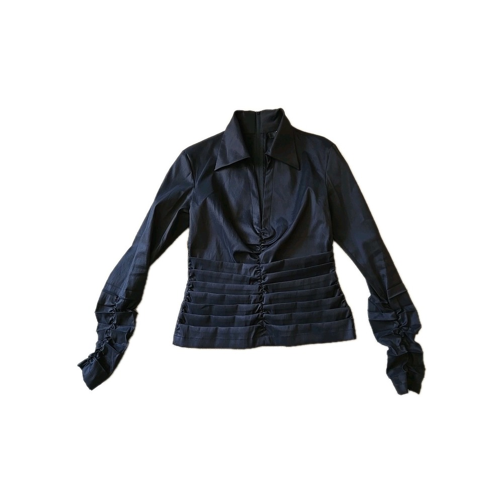Tadashi Evening Taffeta Ruched Top Black Size 4 Collared Long Sleeve Full Zipper